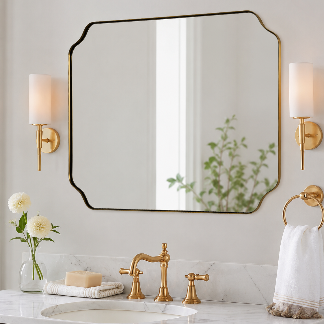 Contemporary Notched Corner Rectangle Scalloped Mirror for Wall /Bathroom | Stainless Steel Frame