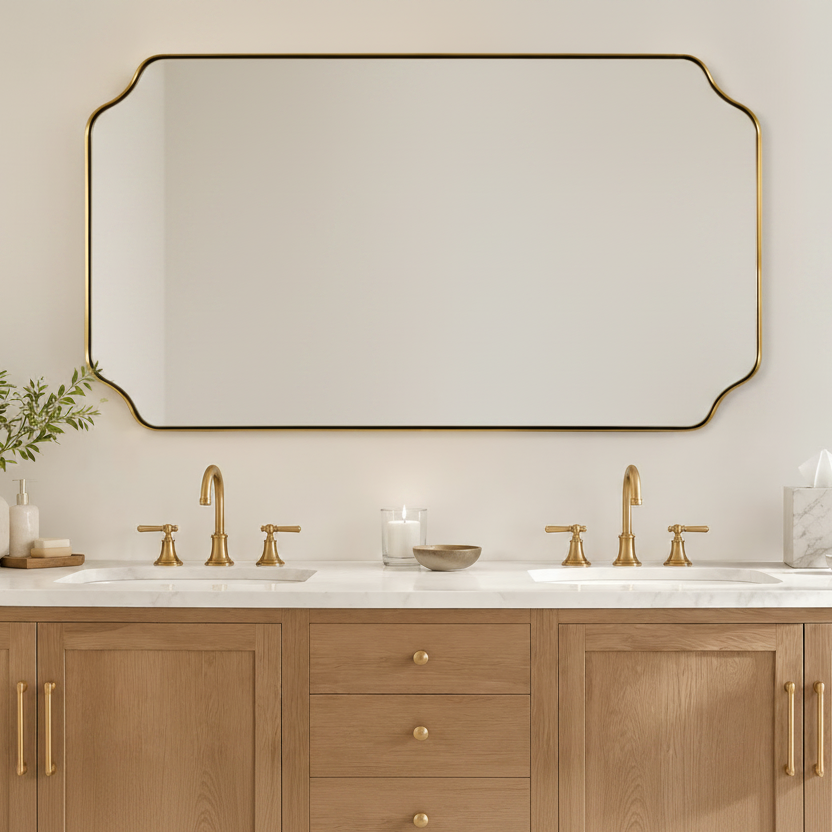 Modern Cut Corner Rectangle Scalloped Mirror for Wall /Bathroom | Stainless Steel Frame
