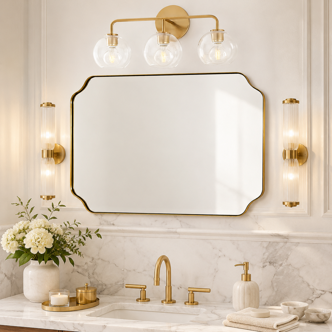 Modern Cut Corner Rectangle Scalloped Mirror for Wall /Bathroom | Stainless Steel Frame