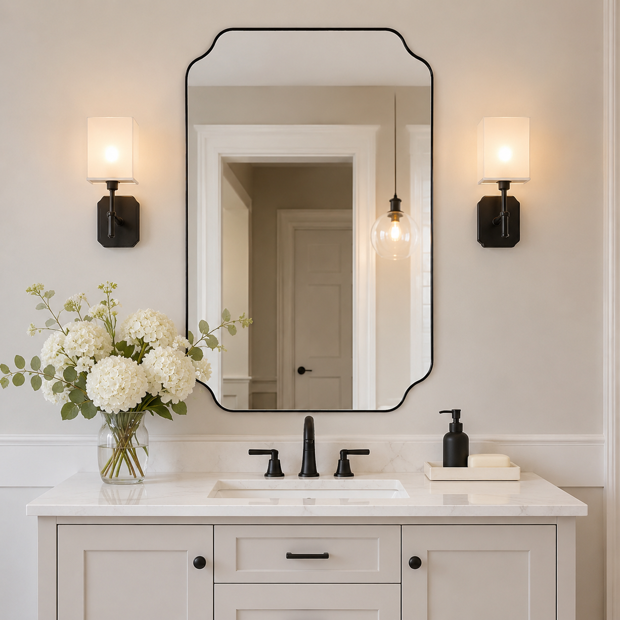 Modern Cut Corner Rectangle Scalloped Mirror for Wall /Bathroom | Stainless Steel Frame