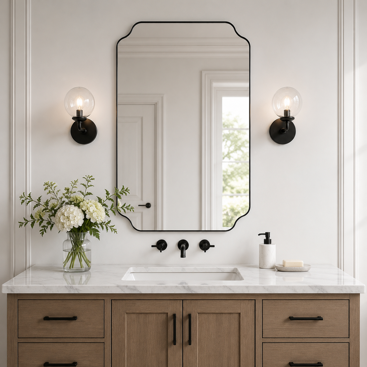Modern Cut Corner Rectangle Scalloped Mirror for Wall /Bathroom | Stainless Steel Frame