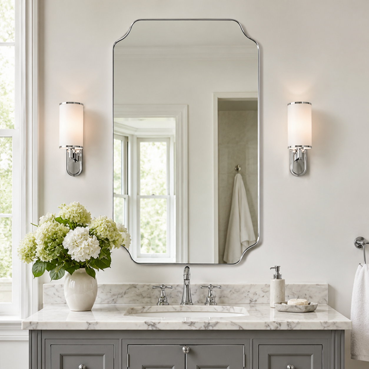 Modern Cut Corner Rectangle Scalloped Mirror for Wall /Bathroom | Stainless Steel Frame