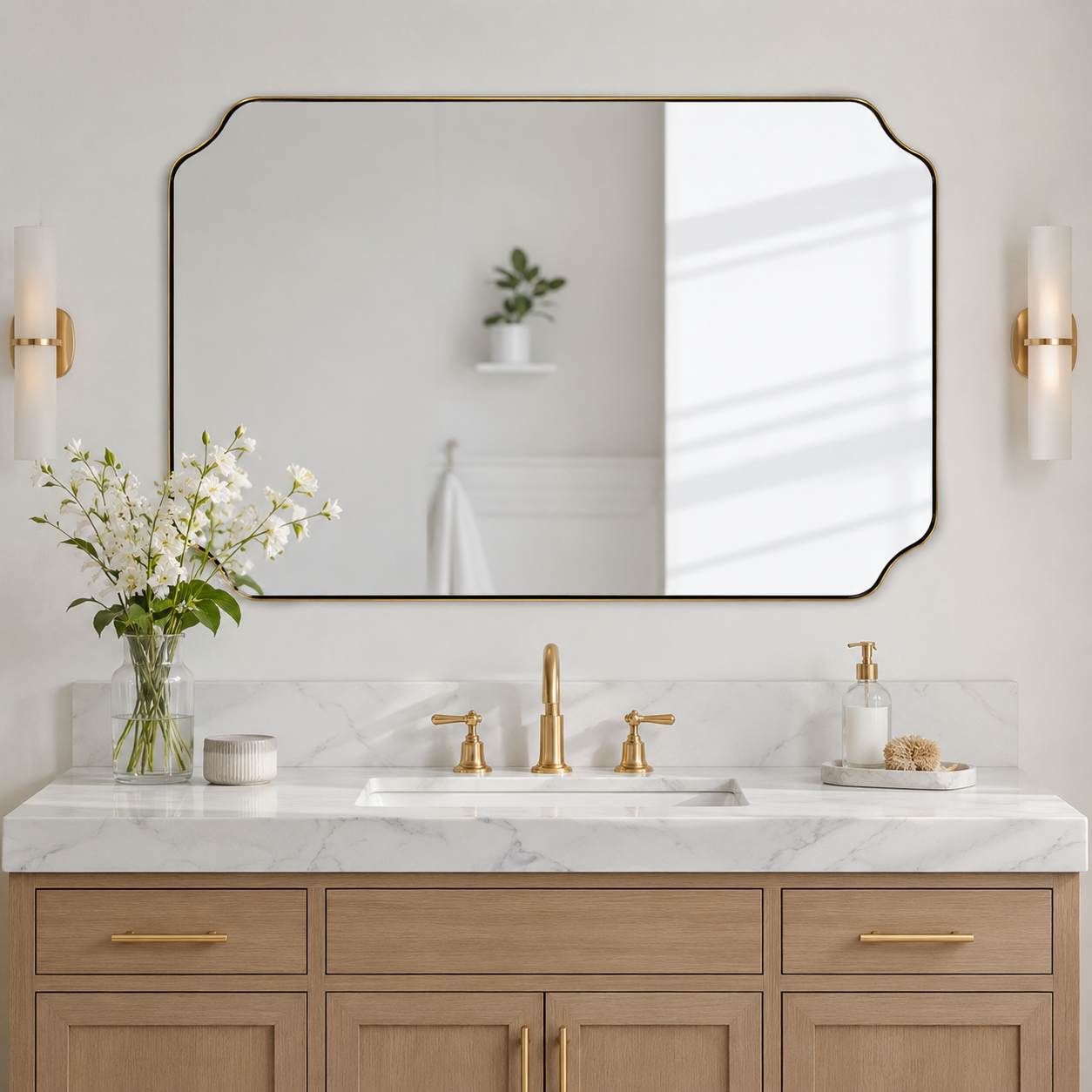 Modern Cut Corner Rectangle Scalloped Mirror for Wall /Bathroom | Stainless Steel Frame