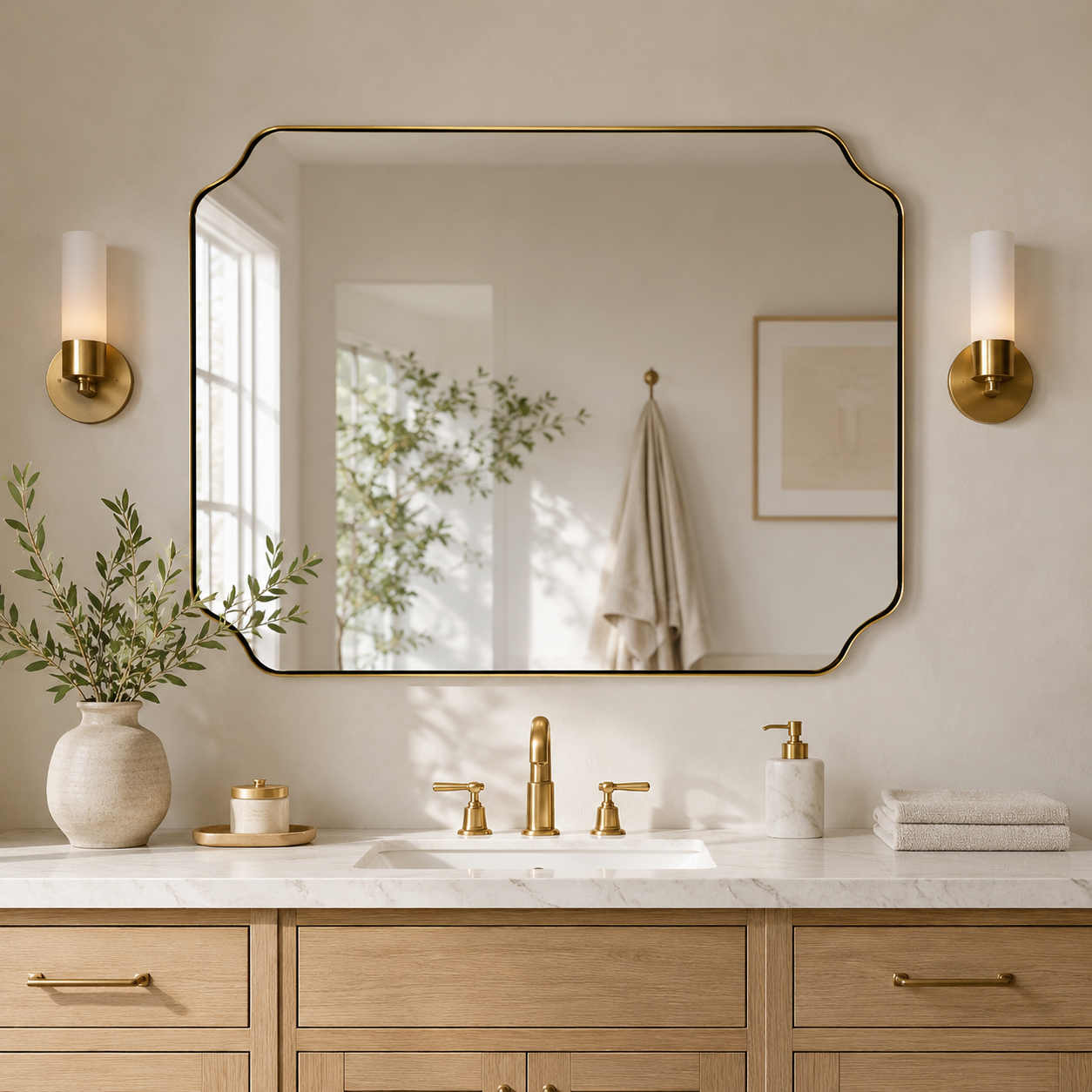 Modern Cut Corner Rectangle Scalloped Mirror for Wall /Bathroom | Stainless Steel Frame