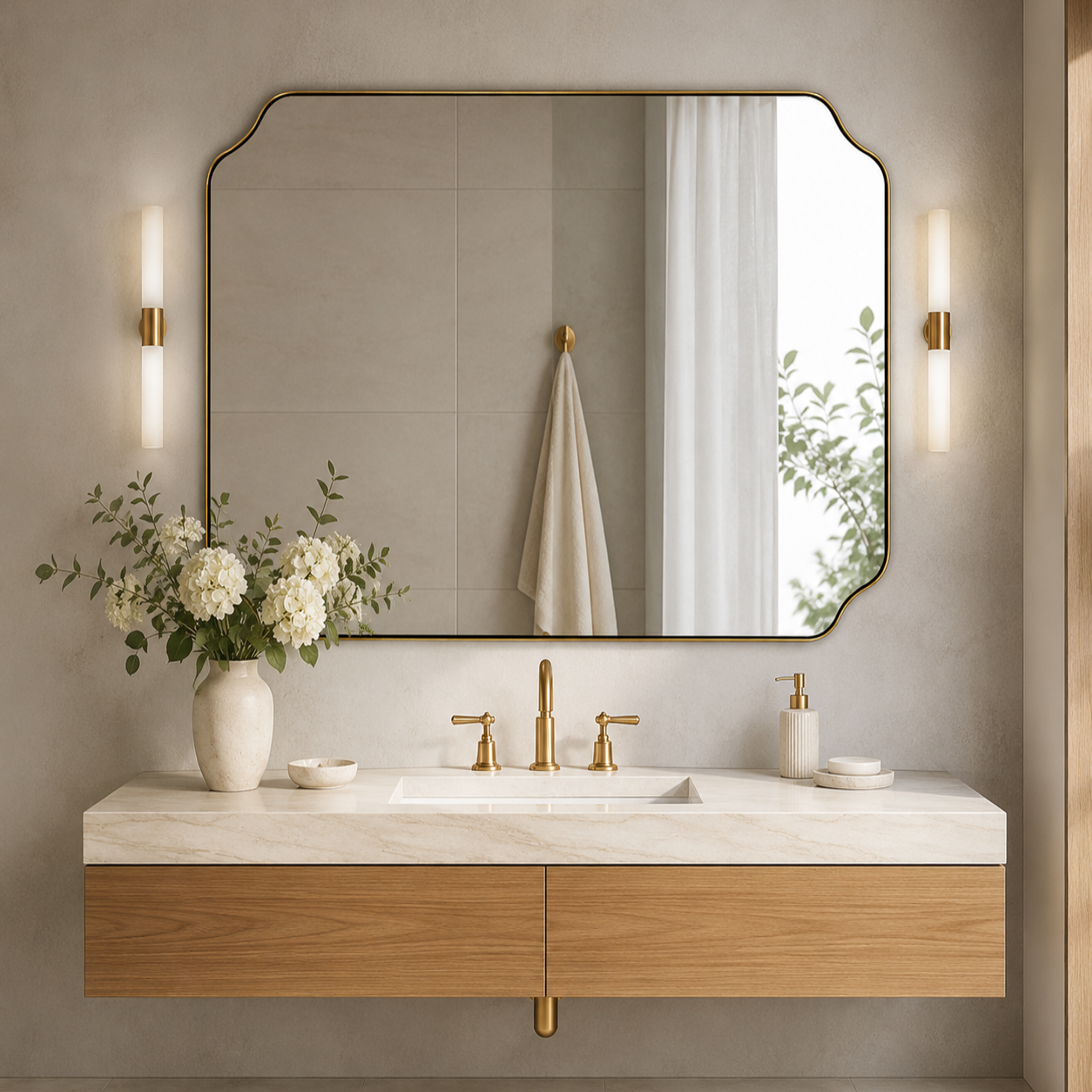 Modern Cut Corner Rectangle Scalloped Mirror for Wall /Bathroom | Stainless Steel Frame