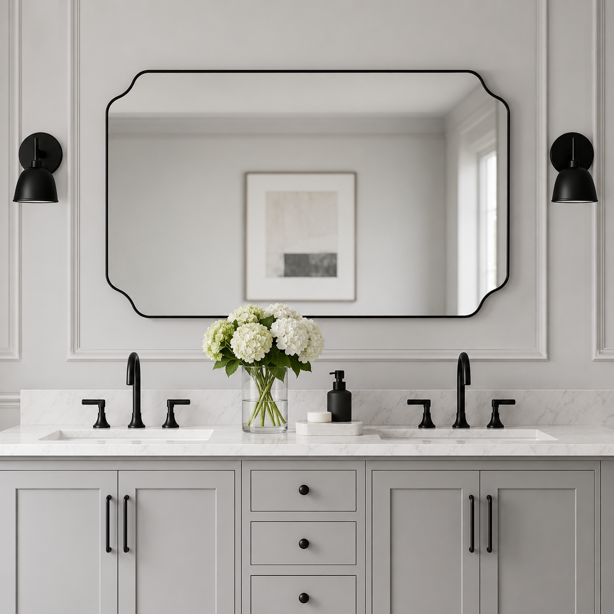 Modern Cut Corner Rectangle Scalloped Mirror for Wall /Bathroom | Stainless Steel Frame