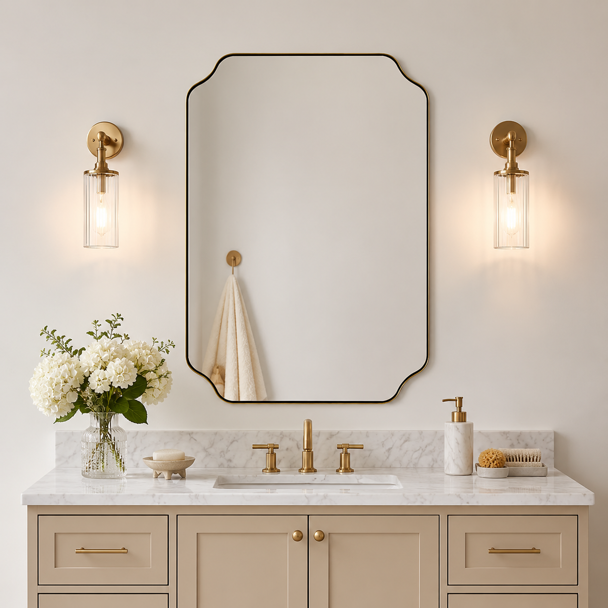 Modern Cut Corner Rectangle Scalloped Mirror for Wall /Bathroom | Stainless Steel Frame