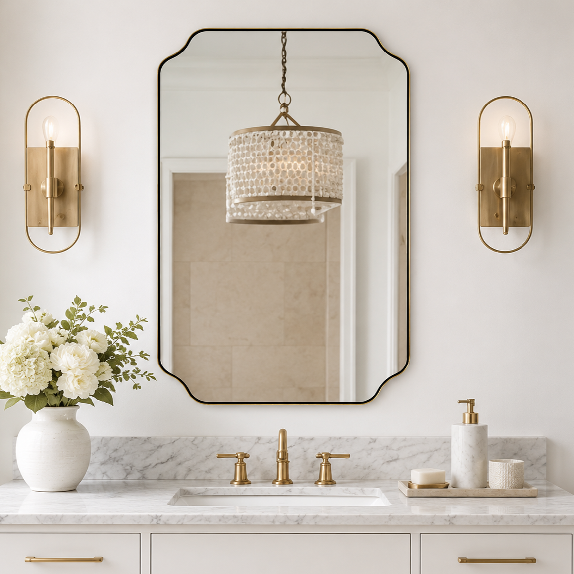 Modern Cut Corner Rectangle Scalloped Mirror for Wall /Bathroom | Stainless Steel Frame