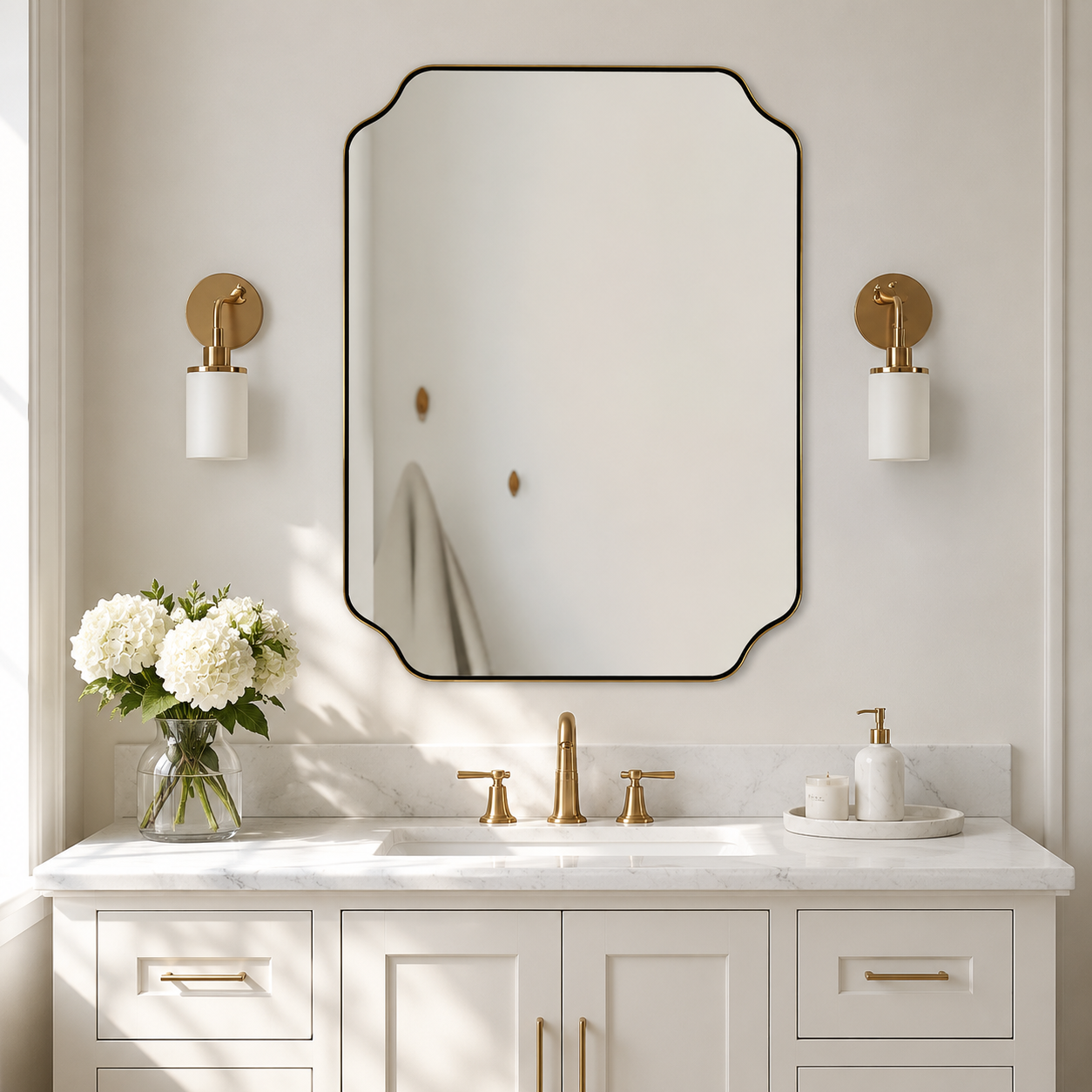 Modern Cut Corner Rectangle Scalloped Mirror for Wall /Bathroom | Stainless Steel Frame