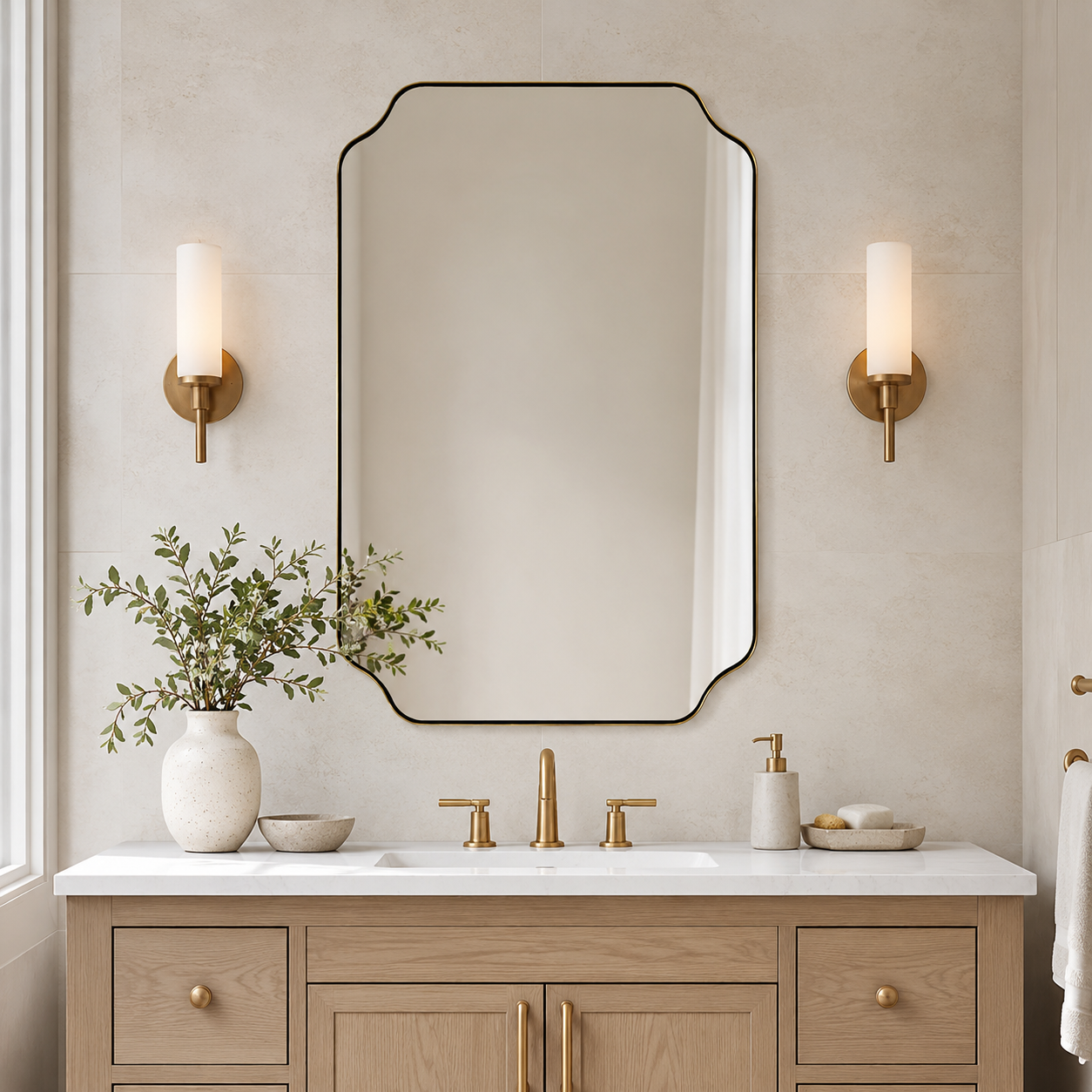 Modern Cut Corner Rectangle Scalloped Mirror for Wall /Bathroom | Stainless Steel Frame