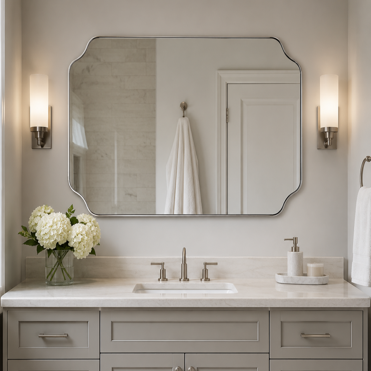 Modern Cut Corner Rectangle Scalloped Mirror for Wall /Bathroom | Stainless Steel Frame
