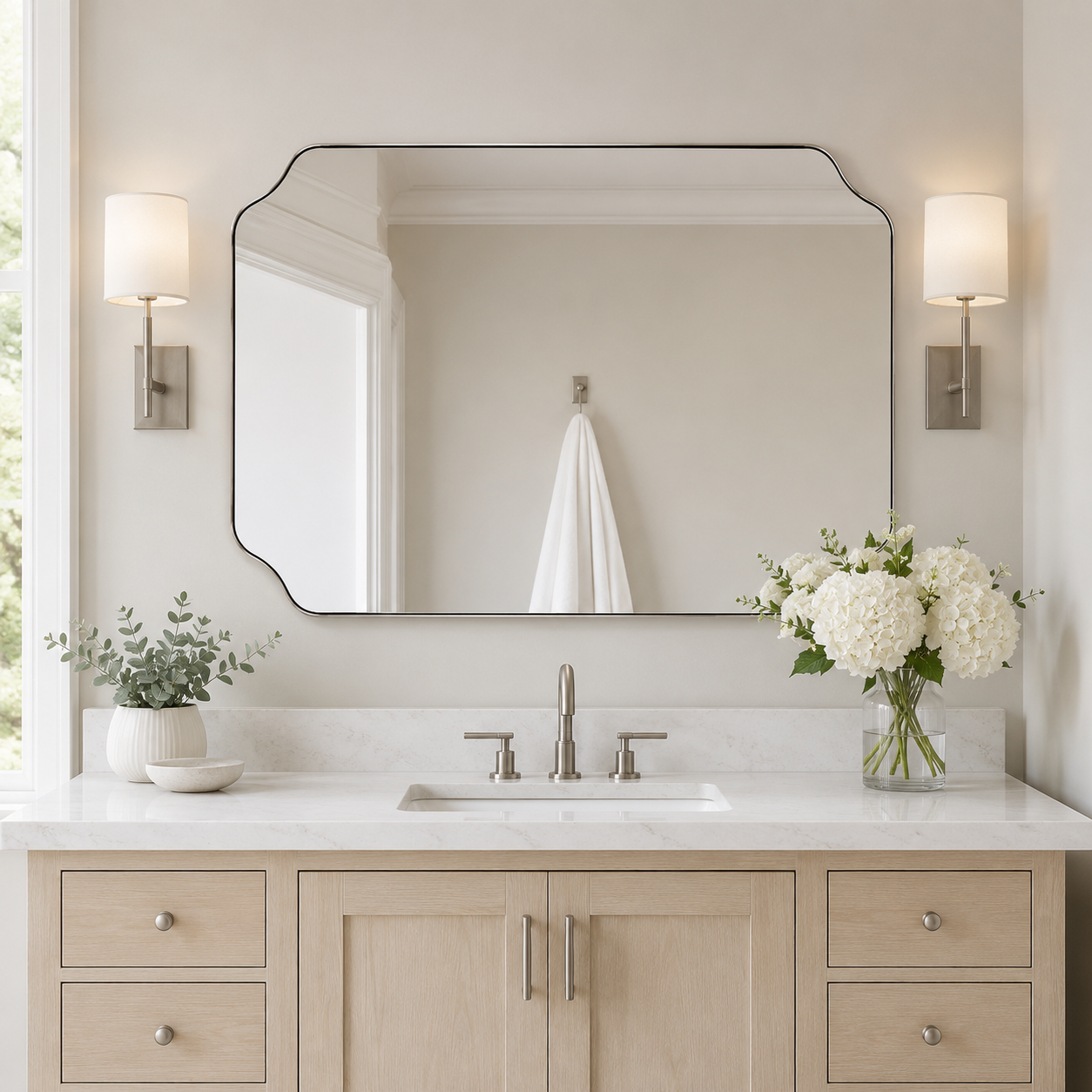 Modern Cut Corner Rectangle Scalloped Mirror for Wall /Bathroom | Stainless Steel Frame