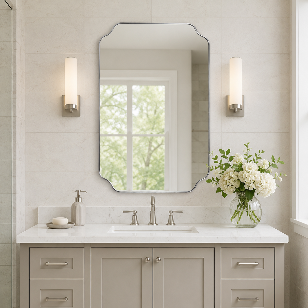Modern Cut Corner Rectangle Scalloped Mirror for Wall /Bathroom | Stainless Steel Frame