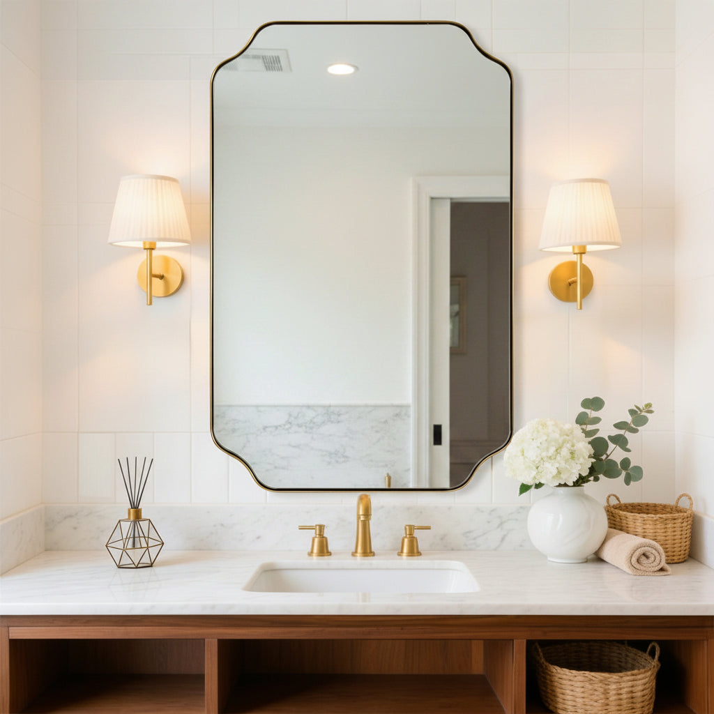 Contemporary Notched Corner Rectangle Scalloped Mirror for Wall /Bathroom | Stainless Steel Frame