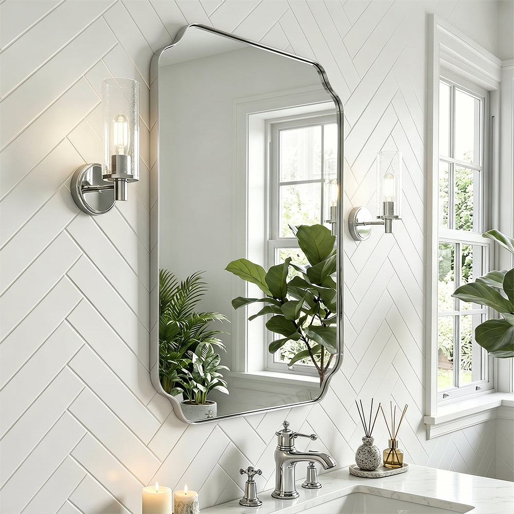 Contemporary Notched Corner Rectangle Scalloped Mirror for Wall /Bathroom | Stainless Steel Frame