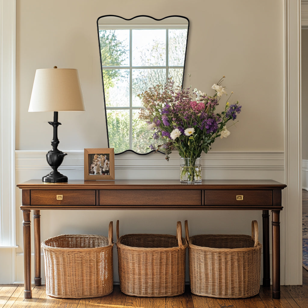 Contemporary Tapered Wavy Scalloped Bathroom Vanity Mirror | Stainless Steel Framed