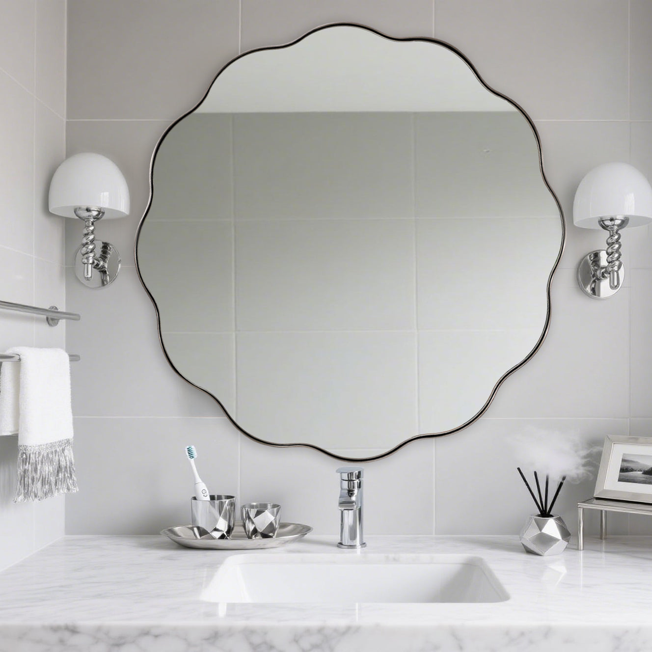 Contemporary Round Scalloped Mirror Wavy Circle Bathroom Vanity Mirror | Stainless Steel Frame