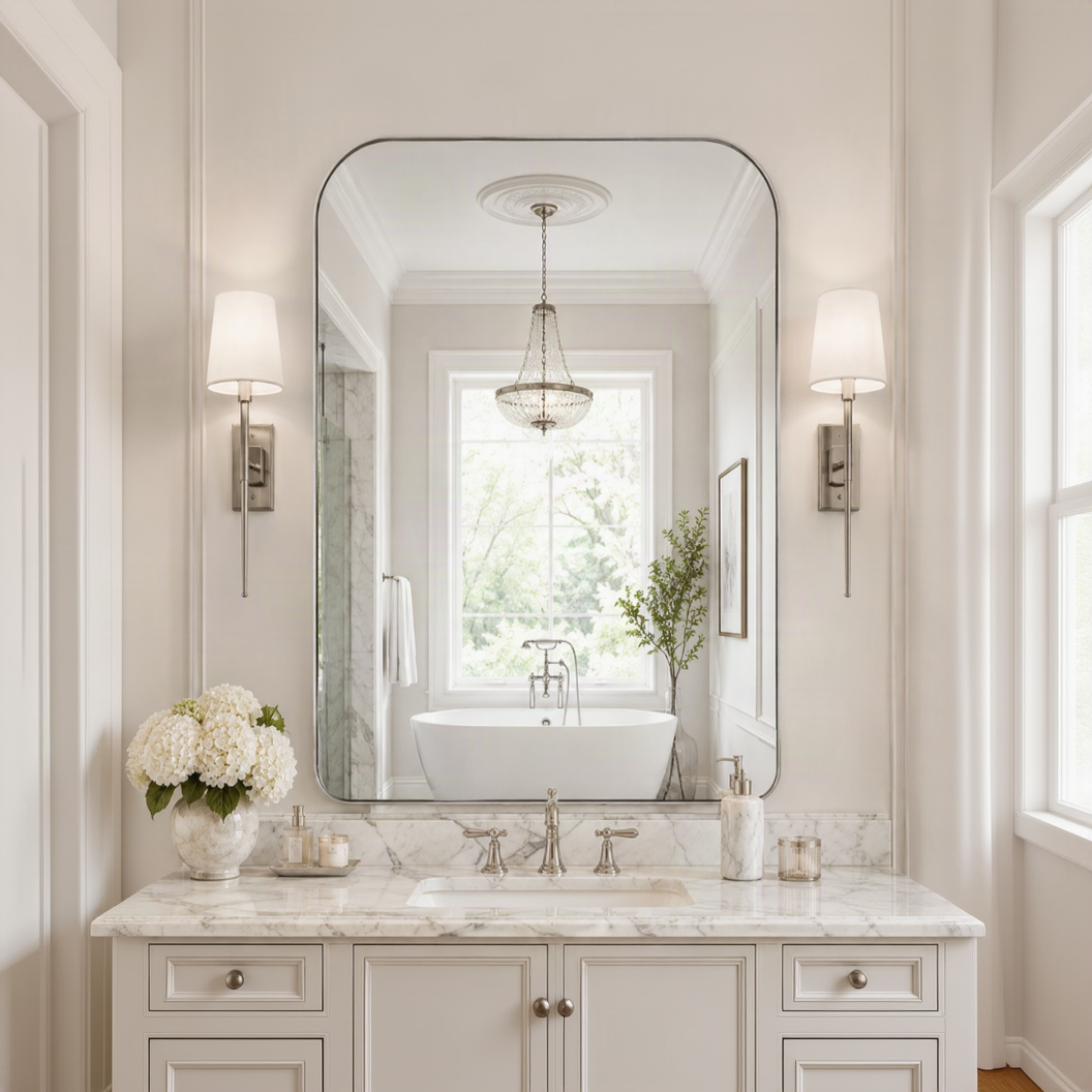 Modern Mantel Wide Arch Rectangle Bathroom Vanity Mirror | Stainless Steel Frame