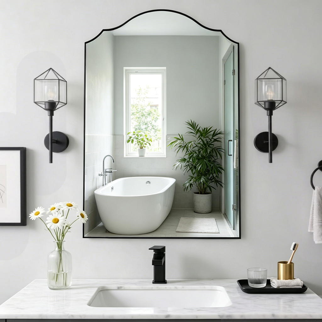 Contemporary Arched Curved Scalloped Mirror Bathroom Vanity Mirror | Stainless Steel Frame