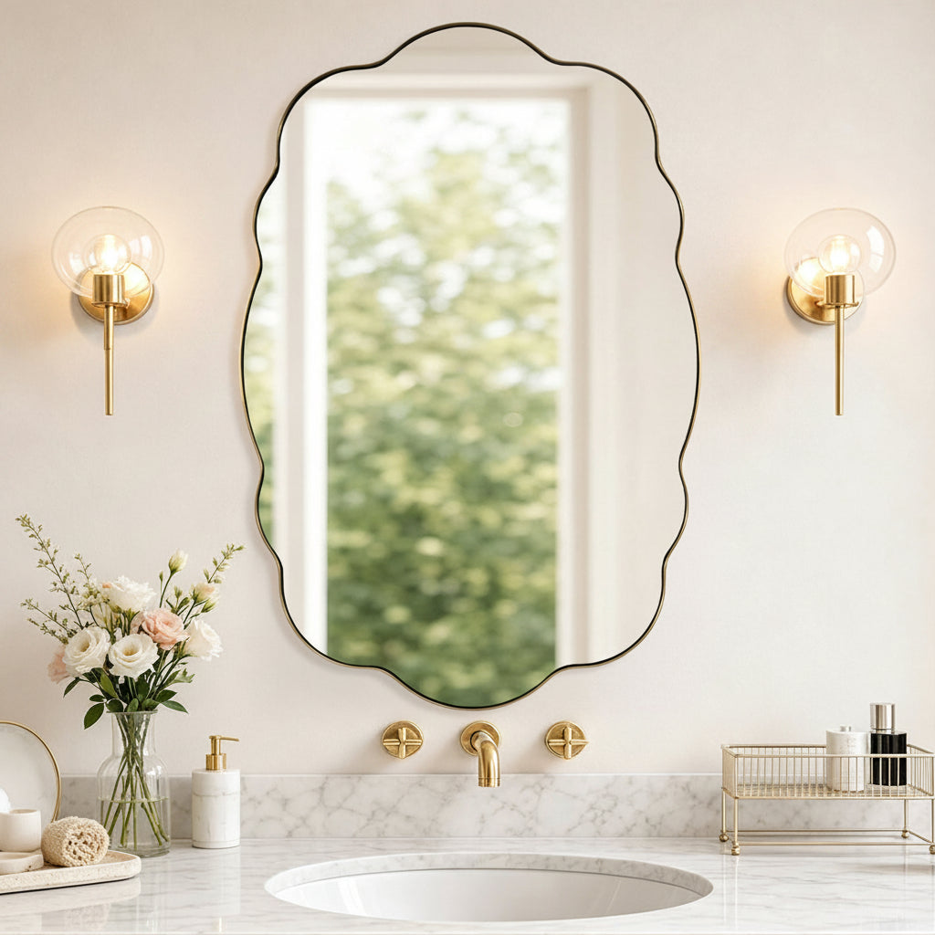 Contemporary Wavy Oval Scalloped Bathroom Vanity Mirror Irregular Organic Mirror| Stainless Steel Framed