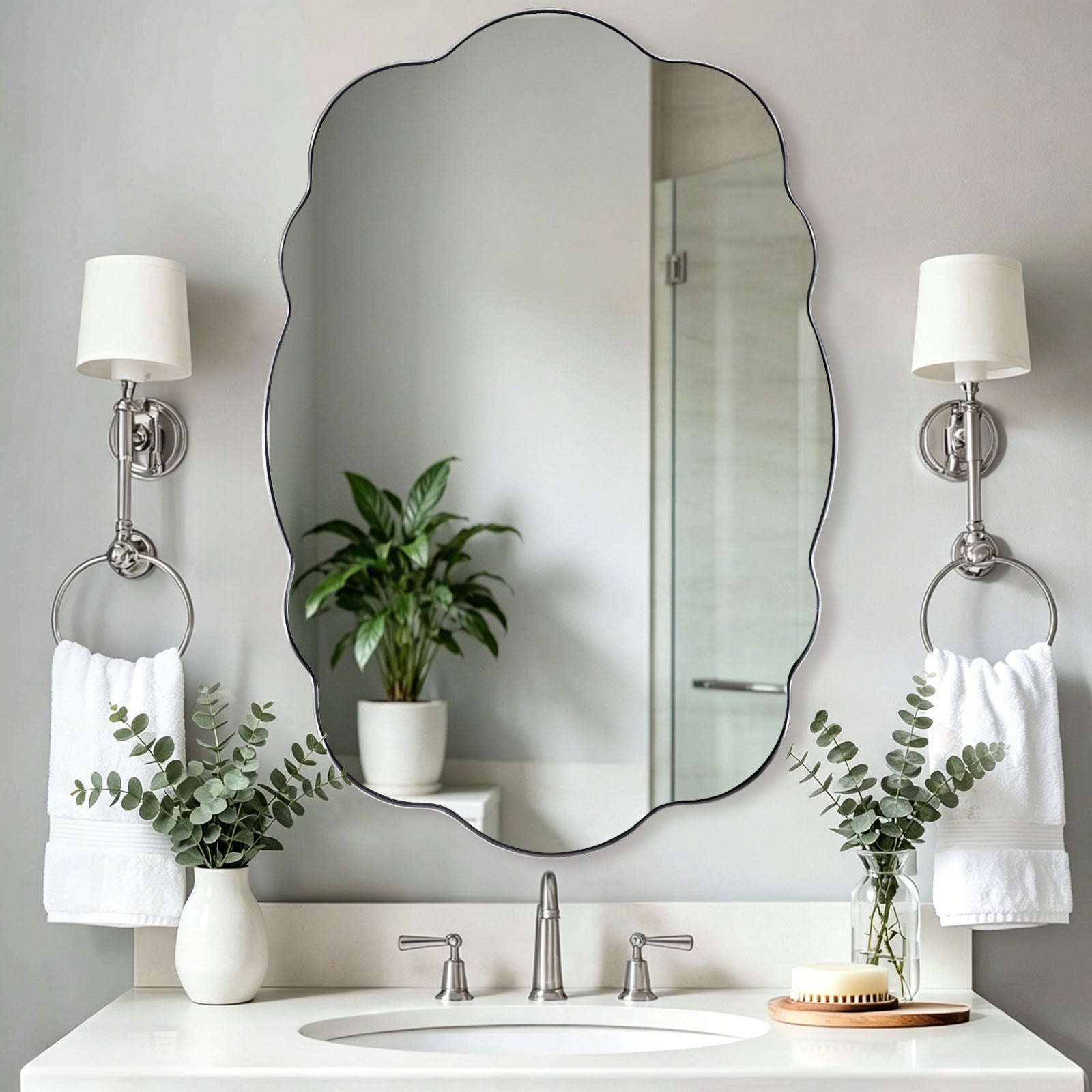 Contemporary Wavy Oval Scalloped Bathroom Vanity Mirror Irregular Organic Mirror| Stainless Steel Framed