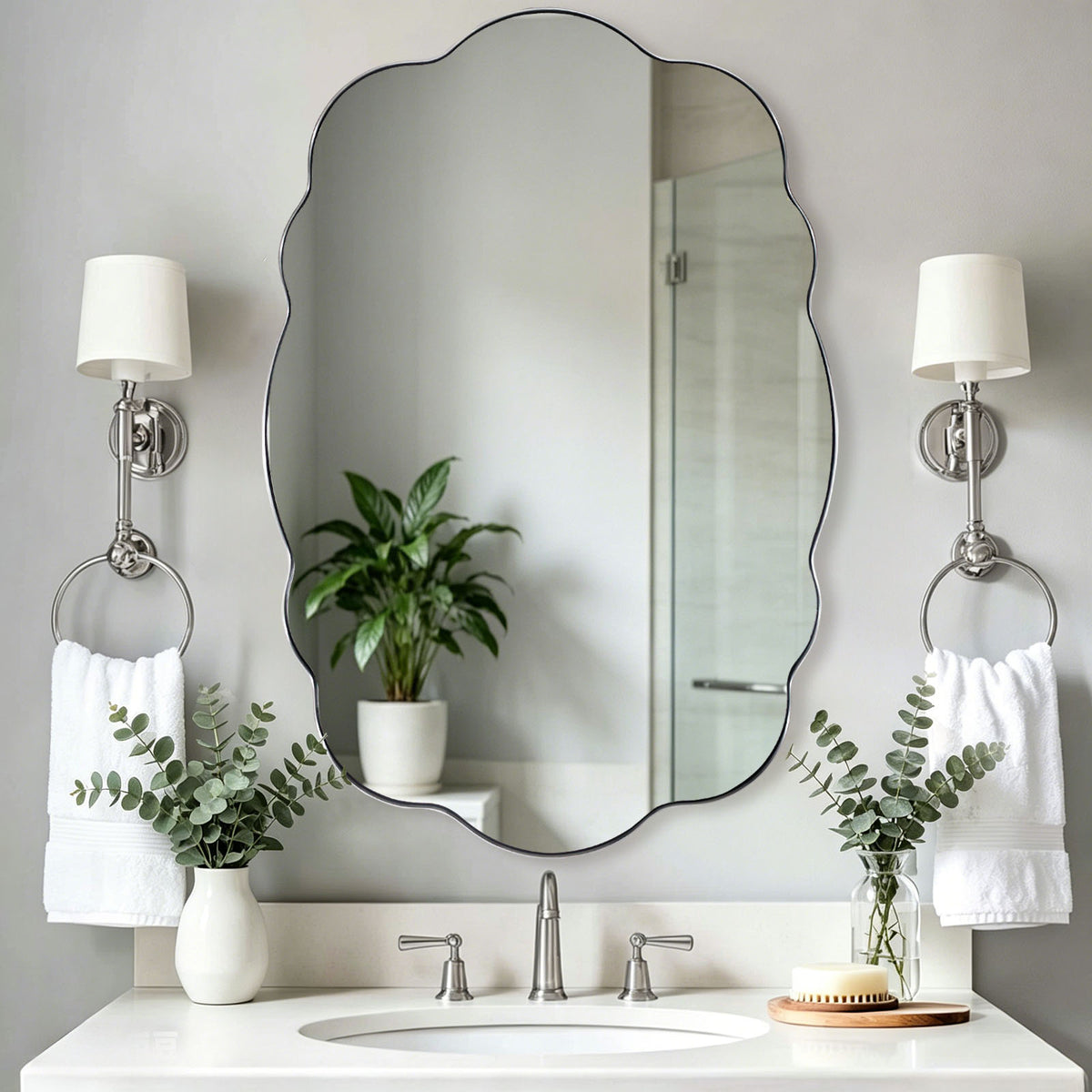 Contemporary Wavy Oval Scalloped Bathroom Vanity Mirror Irregular Organic Mirror| Stainless Steel Framed