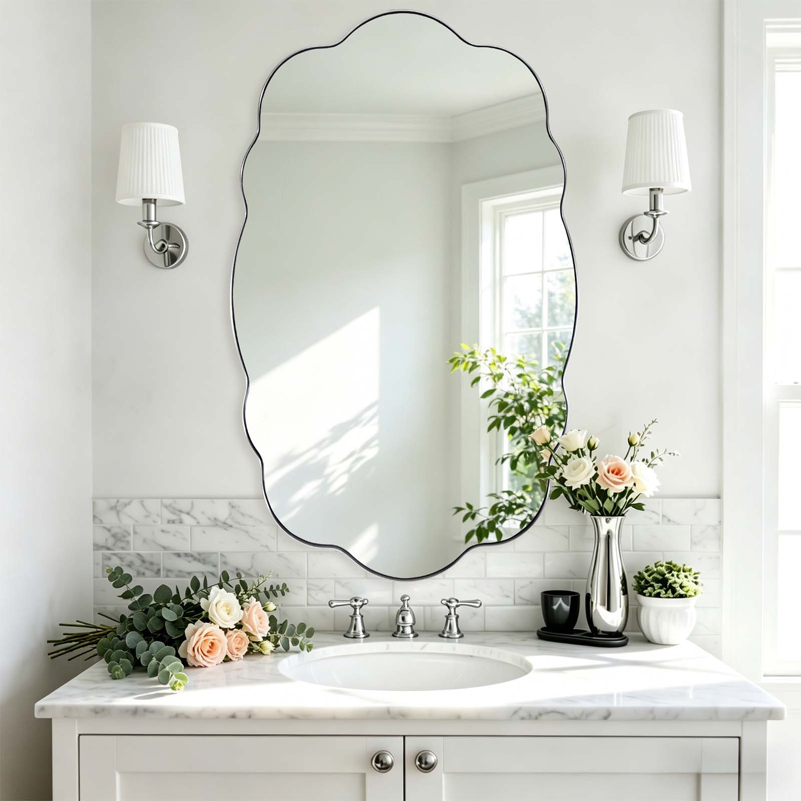 Contemporary Wavy Oval Scalloped Bathroom Vanity Mirror Irregular Organic Mirror| Stainless Steel Framed
