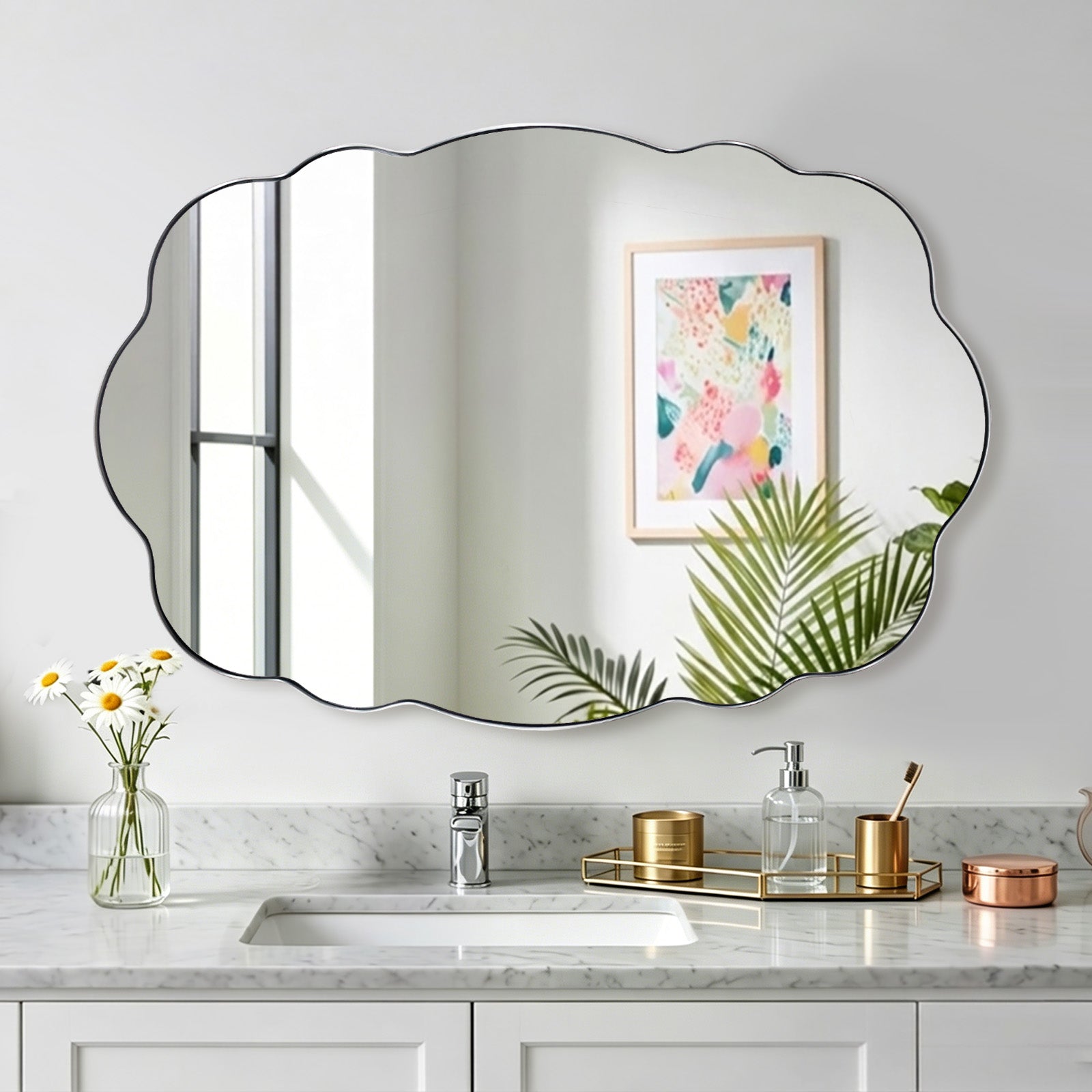 Contemporary Wavy Oval Scalloped Bathroom Vanity Mirror Irregular Organic Mirror| Stainless Steel Framed