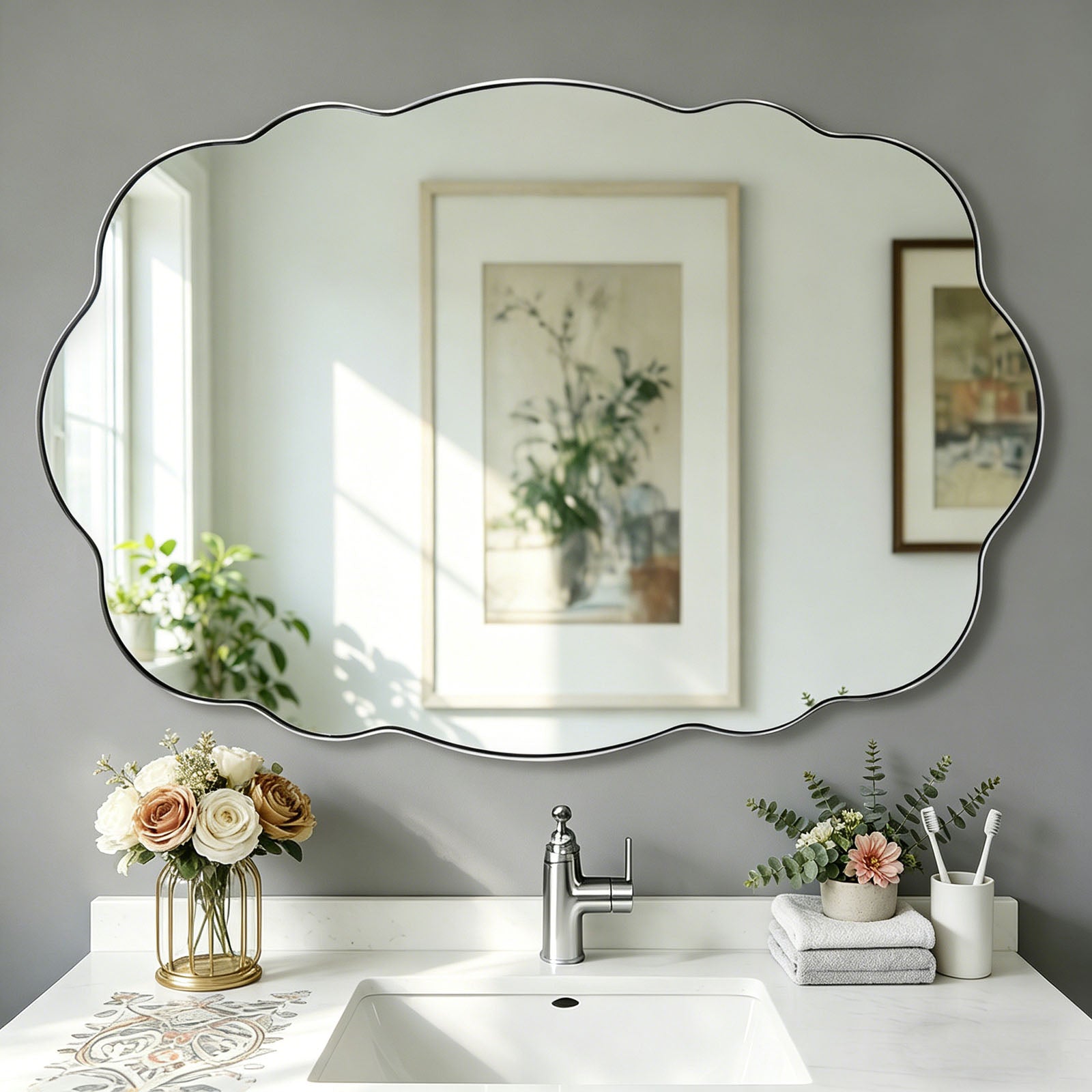 Contemporary Wavy Oval Scalloped Bathroom Vanity Mirror Irregular Organic Mirror| Stainless Steel Framed