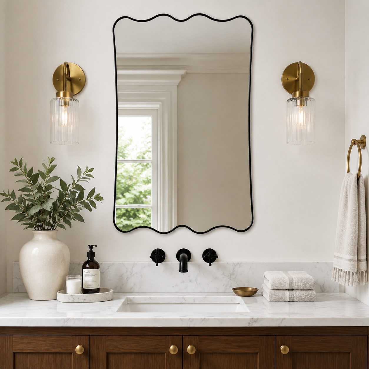 Contemporary Wavy Scalloped Rectangle Bathroom Mirror | Stainless Steel Frame
