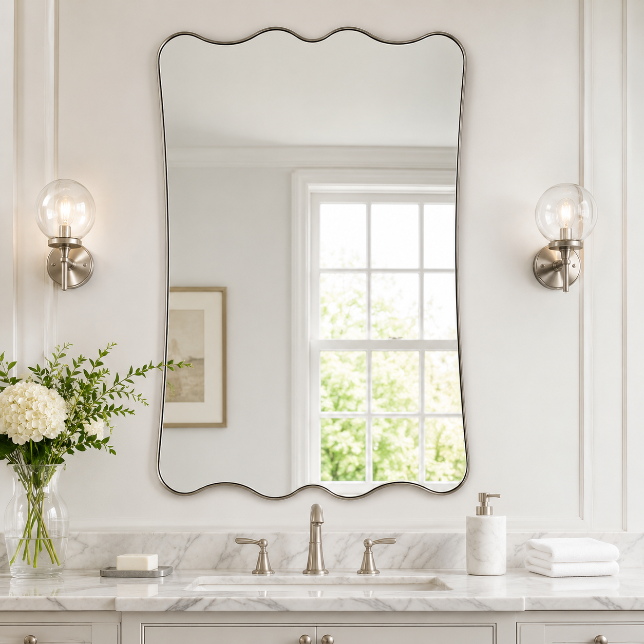Contemporary Wavy Scalloped Rectangle Bathroom Mirror | Stainless Steel Frame