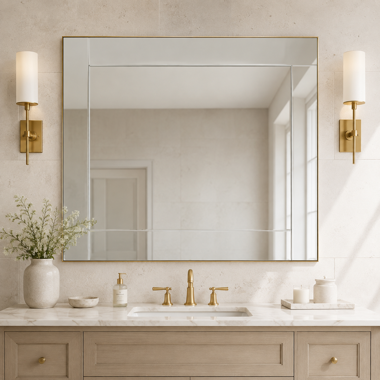 Contemporary Geometric Glass Tile Rectangular Bathroom Vanity Mirror | Stainless Steel Frame