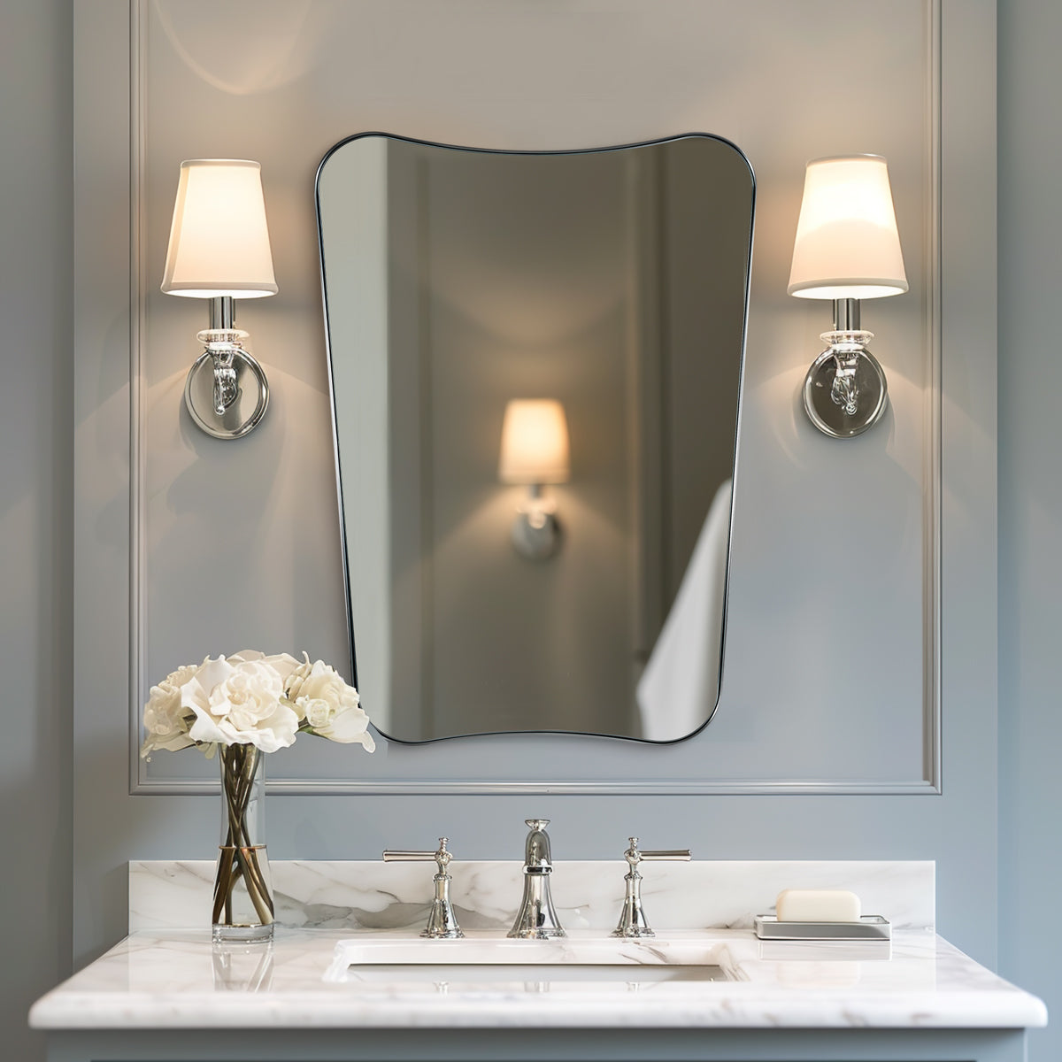 Modern Concave Top Rectangle Irregular Scalloped Bathroom Wall Mirror |Stainless Steel Frame