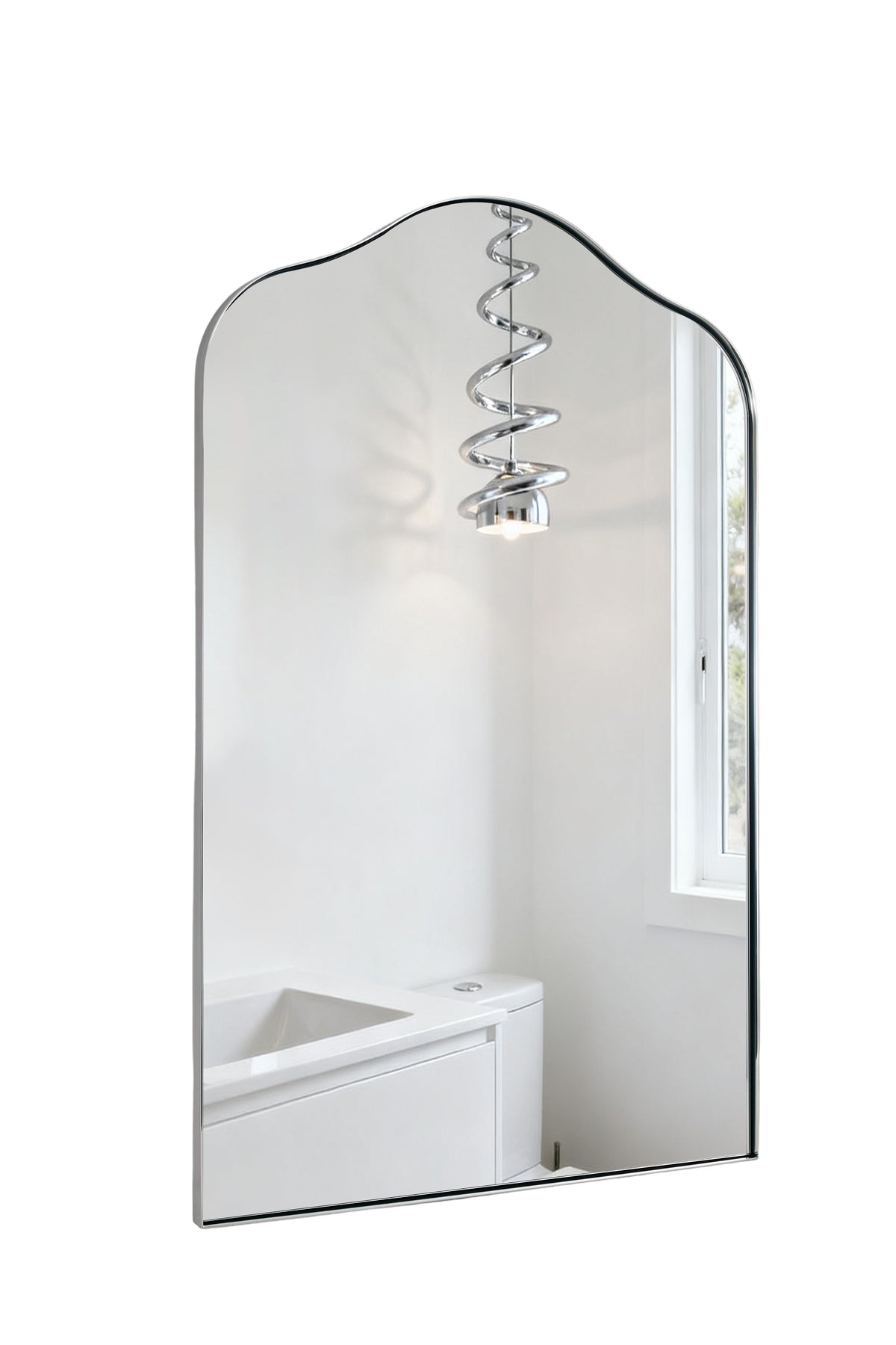 Contemporary Arched Scalloped Bathroom Vanity Mirror | Stainless Steel Frame