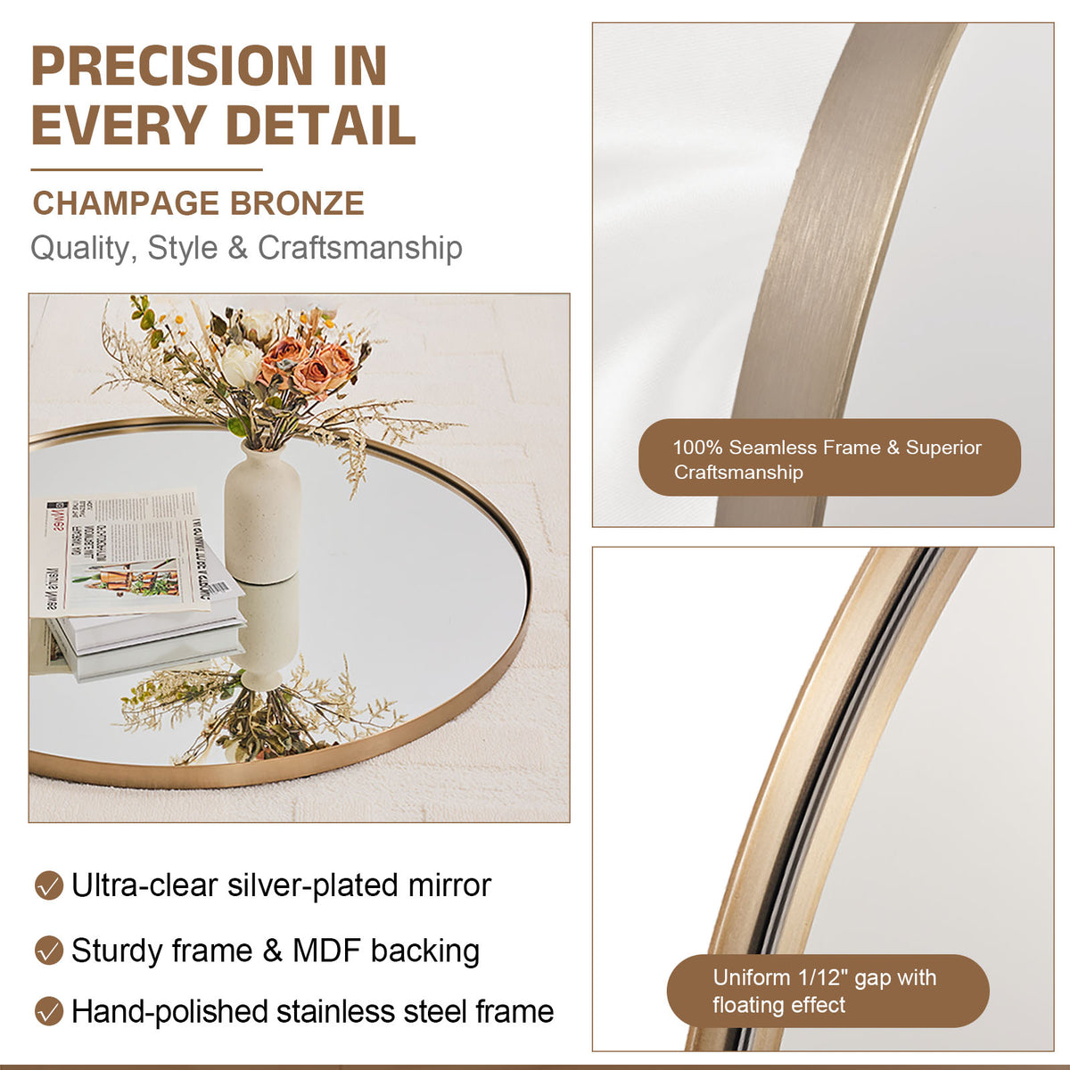 Modern Round Bathroom Mirrors Circle Wall Mirror | Stainless Steel Frame