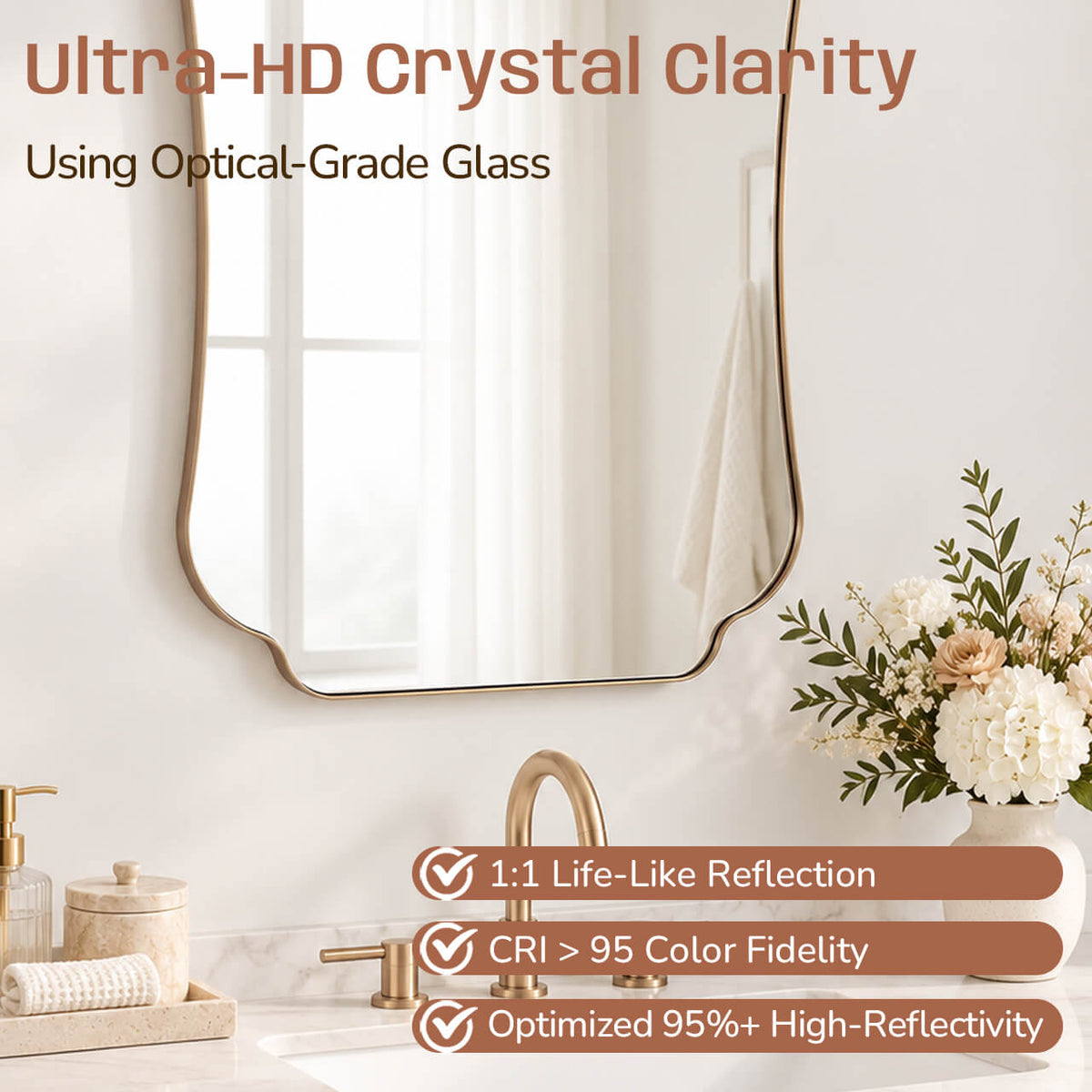 Contemporary Cut Corner Concave Edge Scalloped Bathroom Mirror | Stainless Steel Frame