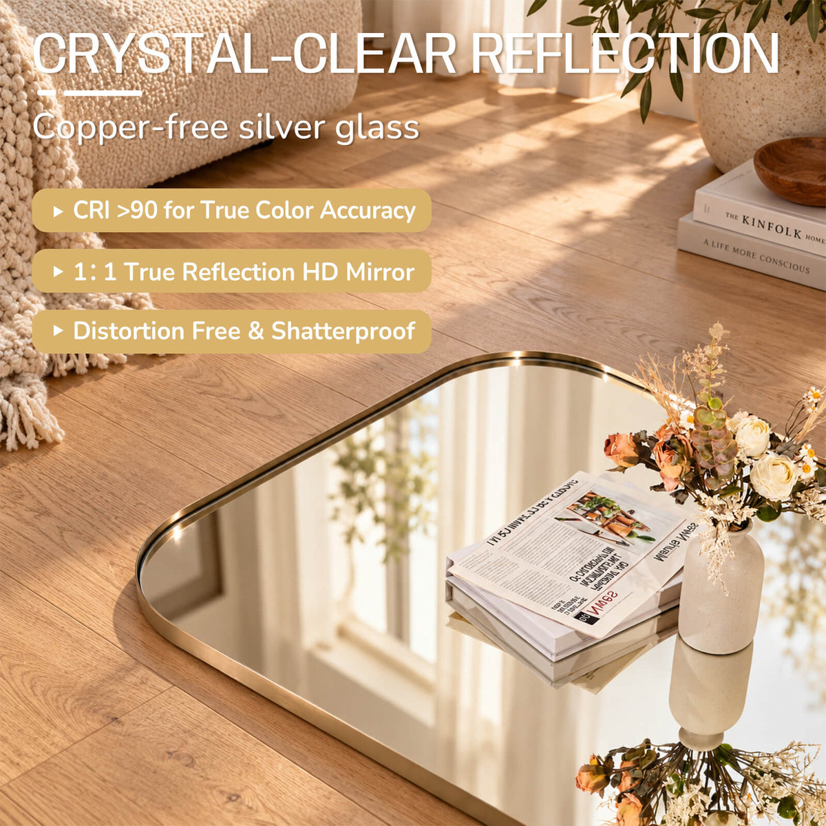 Modern Mantel Wide Arch Rectangle Bathroom Vanity Mirror | Stainless Steel Frame