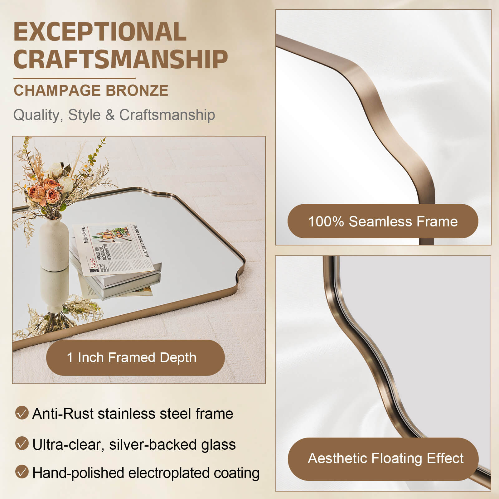 Contemporary Notched Corner Rectangle Scalloped Mirror for Wall /Bathroom | Stainless Steel Frame