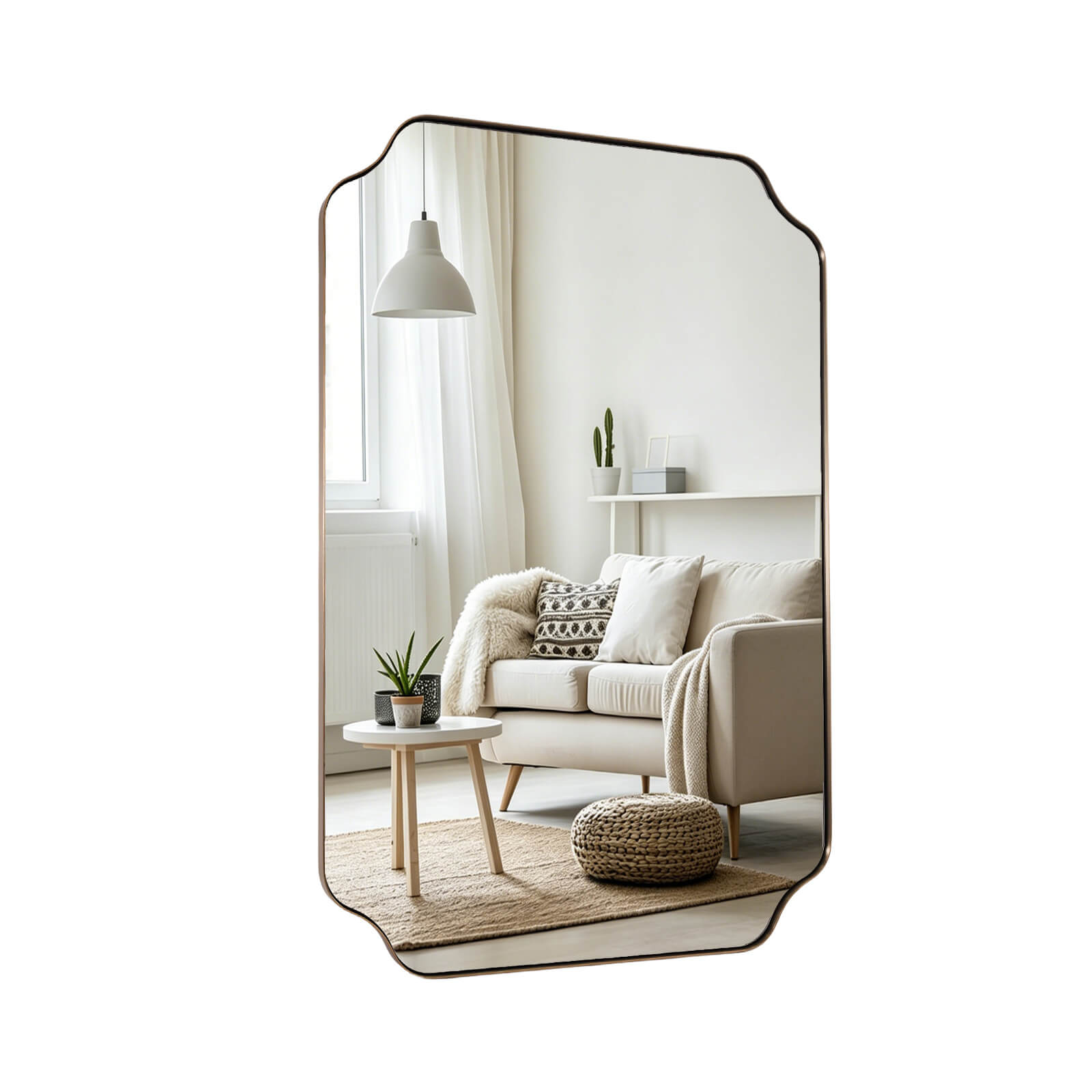 Contemporary Notched Corner Rectangle Scalloped Mirror for Wall /Bathroom | Stainless Steel Frame