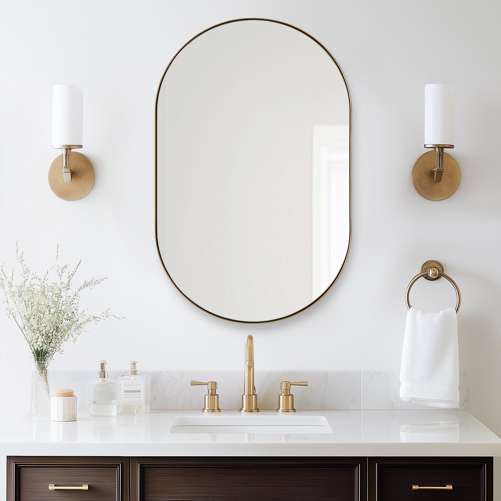 Modern Pill Shaped Capsule Wall Mirrors Long Oval Bathroom Vanity Mirror | Stainless Steel Frame