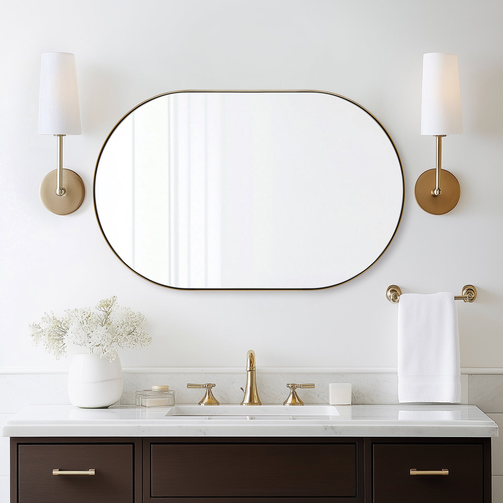 Modern Pill Shaped Capsule Wall Mirrors Long Oval Bathroom Vanity Mirror | Stainless Steel Frame