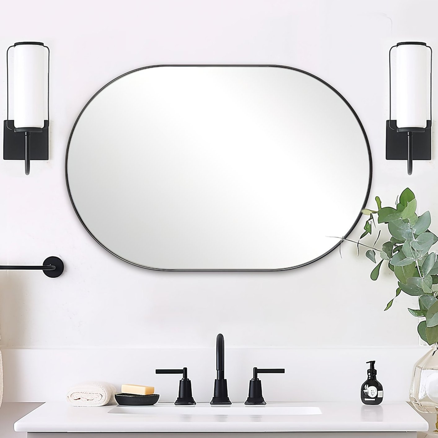 Modern Pill Shaped Capsule Wall Mirrors Long Oval Bathroom Vanity Mirror | Stainless Steel Frame