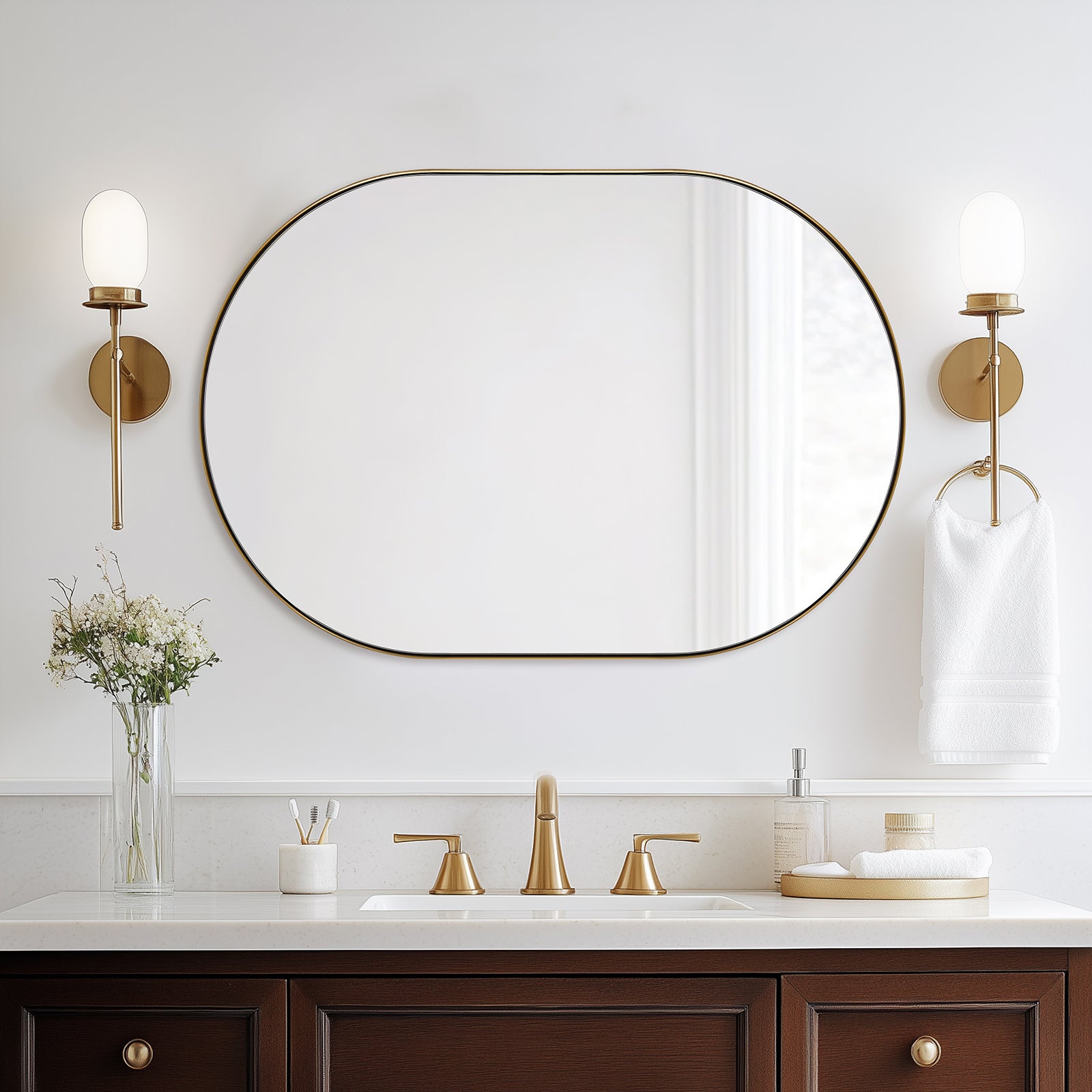 Modern Pill Shaped Capsule Wall Mirrors Long Oval Bathroom Vanity Mirror | Stainless Steel Frame
