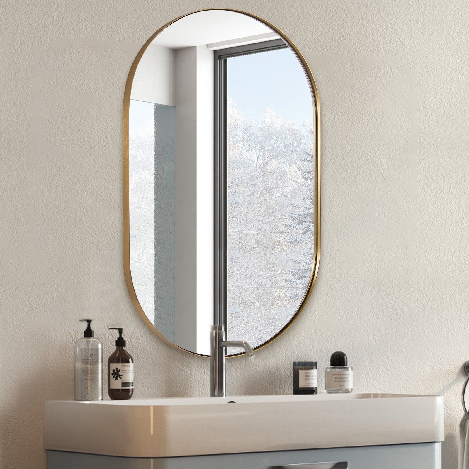 Open Box Like New : Contemporary Pill / Capsule Shaped Bathroom Wall Mirrors | Stainless Steel Framed