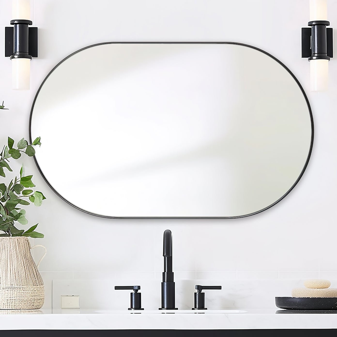 Modern Pill Shaped Capsule Wall Mirrors Long Oval Bathroom Vanity Mirror | Stainless Steel Frame