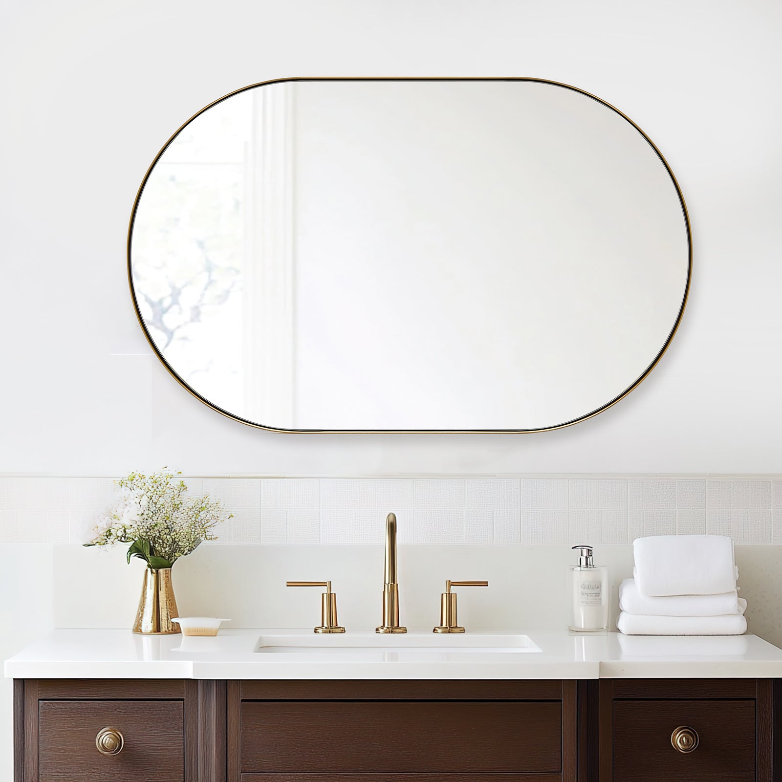 Modern Pill Shaped Capsule Wall Mirrors Long Oval Bathroom Vanity Mirror | Stainless Steel Frame