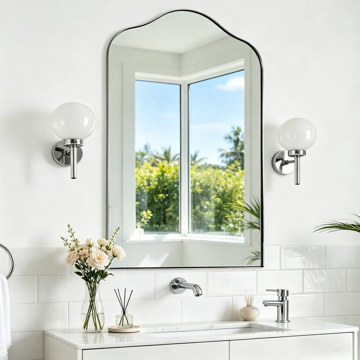 Contemporary Arched Scalloped Bathroom Vanity Mirror | Stainless Steel Frame