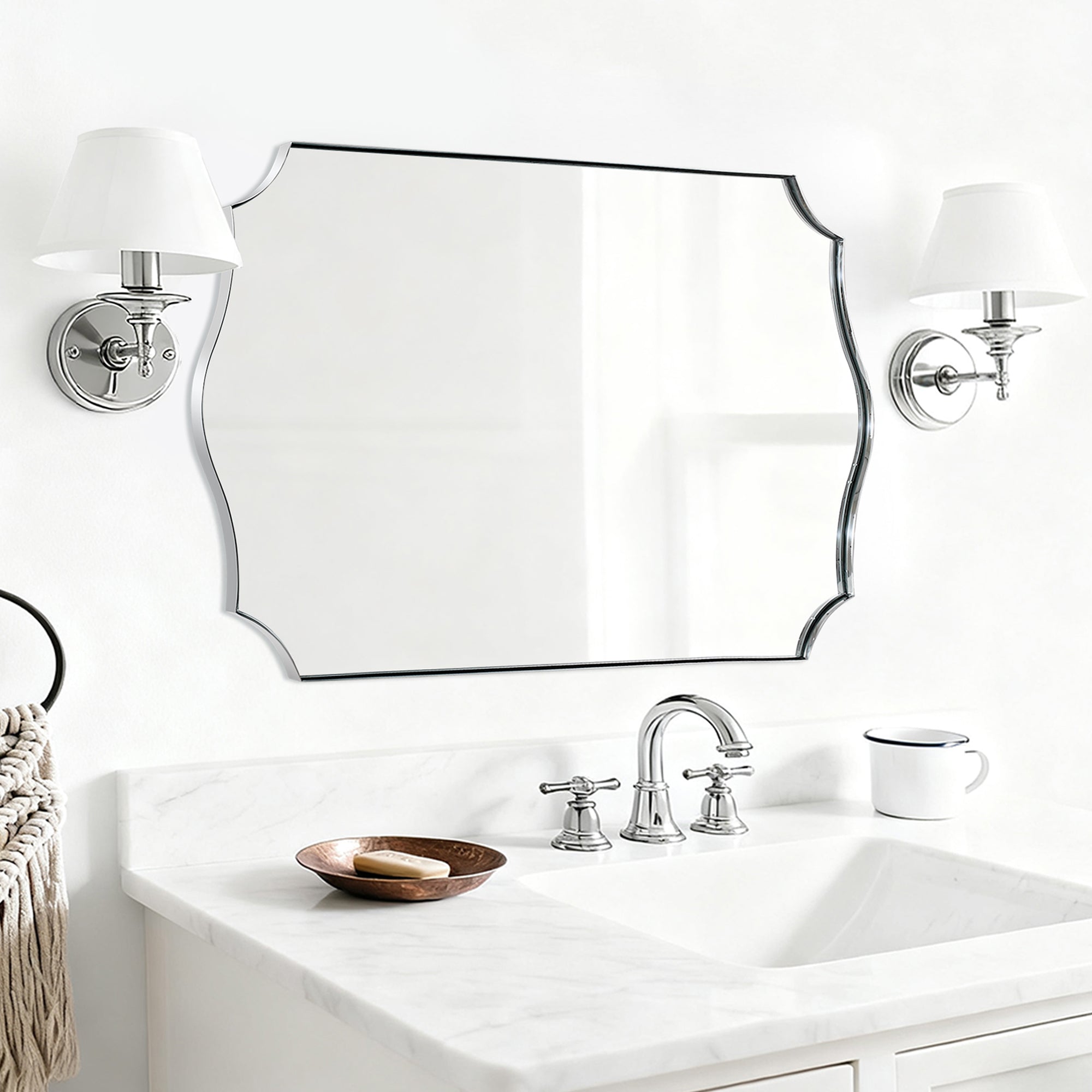 Traditional Rectangle Scalloped Wall Mirror for Bathroom | Stainless Steel Frame
