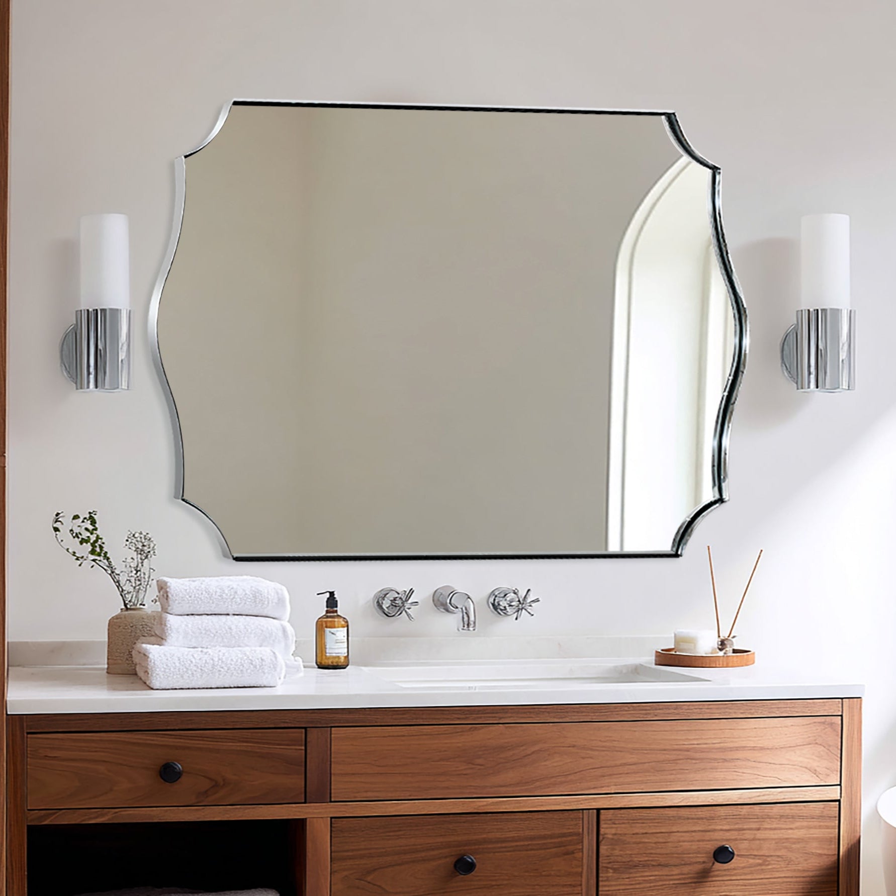 Traditional Rectangle Scalloped Wall Mirror for Bathroom | Stainless Steel Frame