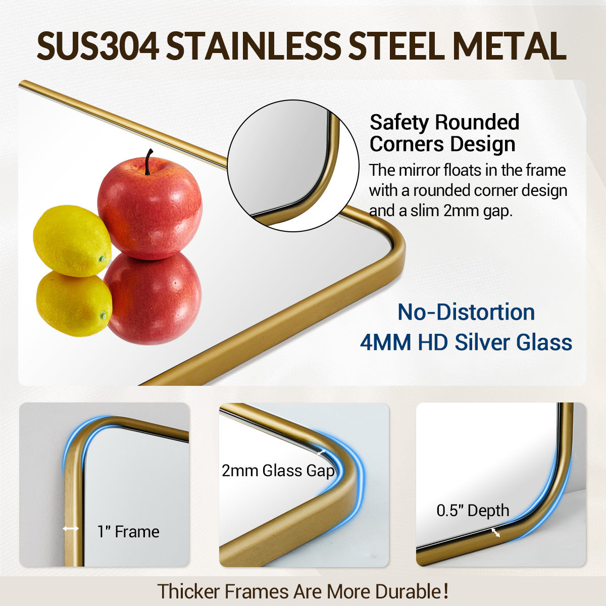 Contemporary Rounded Rectangular Bathroom Mirrors| Stainless Steel Thick Frame